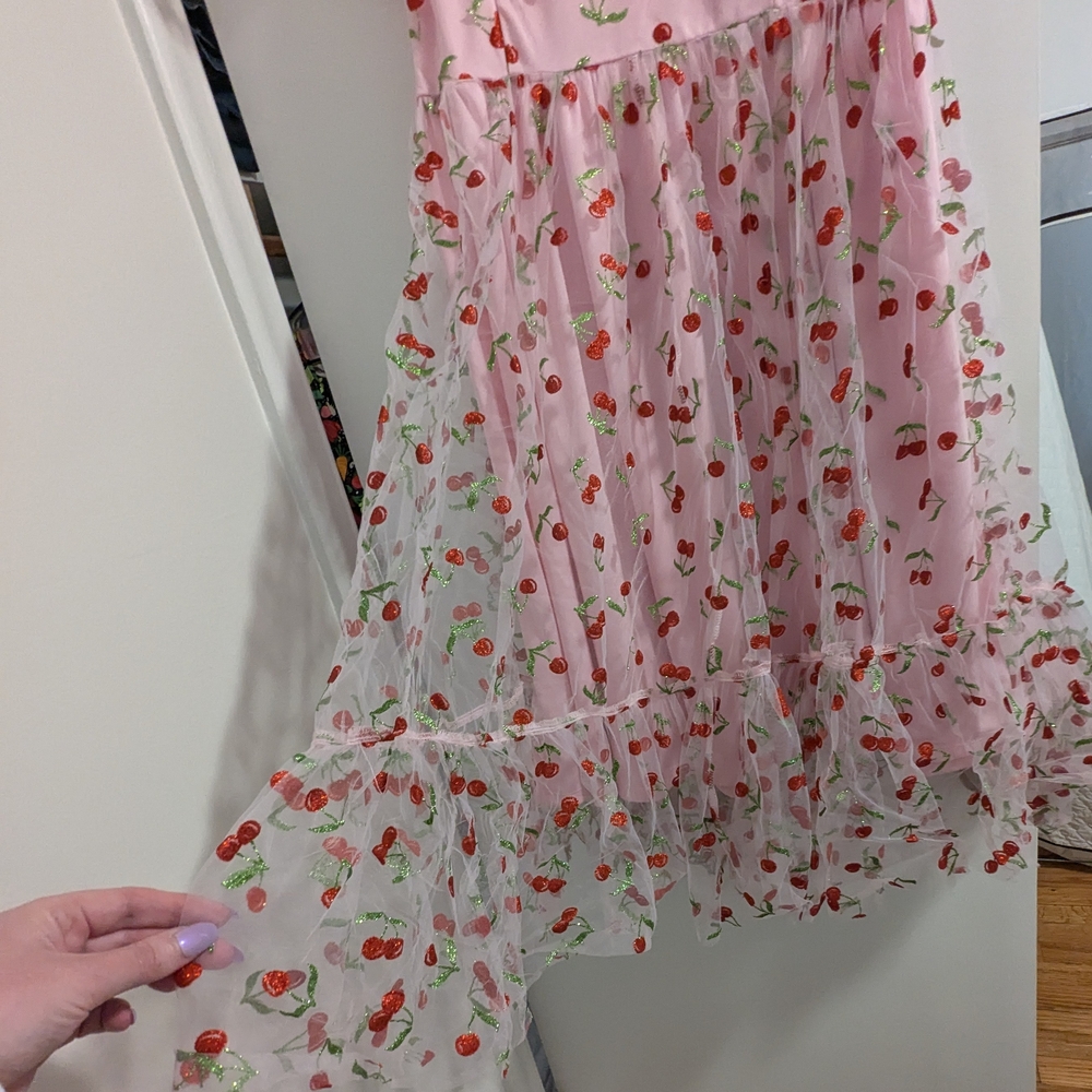 Hot Topic Pink Tulle Sparkle Cherries Midi Dress Size 1X - Picture 4 of 6